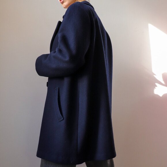 ❄️ 90s Vintage Chic Navy Blue Minimalist Boxy Double-Breasted Pea Coat - Picture 4 of 7